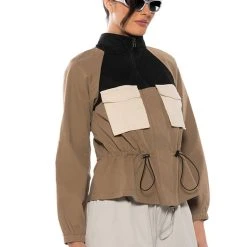 OLLIE OLIVE LONG SLEEVE WAIST SCRUNCHED BLOUSE -helmut shop ollie olive long sleeve waist scrunched blouse beige multi 2 2