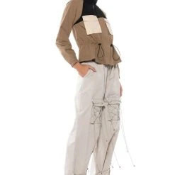 OLLIE OLIVE LONG SLEEVE WAIST SCRUNCHED BLOUSE -helmut shop ollie olive long sleeve waist scrunched blouse beige multi 3 3