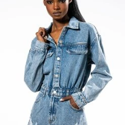 ON A ROLL DENIM LONG SLEEVE ROMPER -helmut shop on a roll denim long sleeve romper medium blue denim 2 2