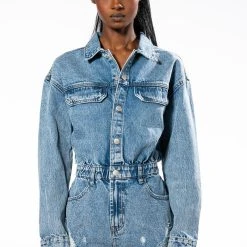 ON A ROLL DENIM LONG SLEEVE ROMPER -helmut shop on a roll denim long sleeve romper medium blue denim 5 5
