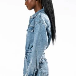 ON A ROLL DENIM LONG SLEEVE ROMPER -helmut shop on a roll denim long sleeve romper medium blue denim 6 6