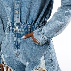 ON A ROLL DENIM LONG SLEEVE ROMPER -helmut shop on a roll denim long sleeve romper medium blue denim 8 8