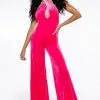 ON ME CROSS NECK VELVET FLARED JUMPSUIT -helmut shop on me cross neck velvet flared jumpsuit fuchsia 1 1 c1