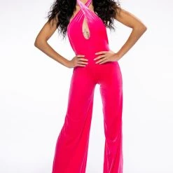 ON ME CROSS NECK VELVET FLARED JUMPSUIT -helmut shop on me cross neck velvet flared jumpsuit fuchsia 2 2 c1