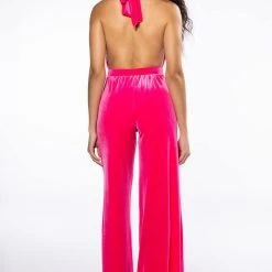 ON ME CROSS NECK VELVET FLARED JUMPSUIT -helmut shop on me cross neck velvet flared jumpsuit fuchsia 4 4 c1