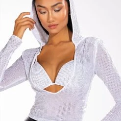 ON MY GRIND LONG SLEEVE HOODED RHINESTONE TWO PIECE SET -helmut shop on my grind long sleeve hooded rhinestone two piece set white 2 2