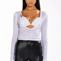 ON MY GRIND LONG SLEEVE HOODED RHINESTONE TWO PIECE SET -helmut shop on my grind long sleeve hooded rhinestone two piece set white 5 5