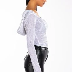 ON MY GRIND LONG SLEEVE HOODED RHINESTONE TWO PIECE SET -helmut shop on my grind long sleeve hooded rhinestone two piece set white 6 6