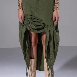 ON THE GO CINCHED OLIVE MIDI SKIRT