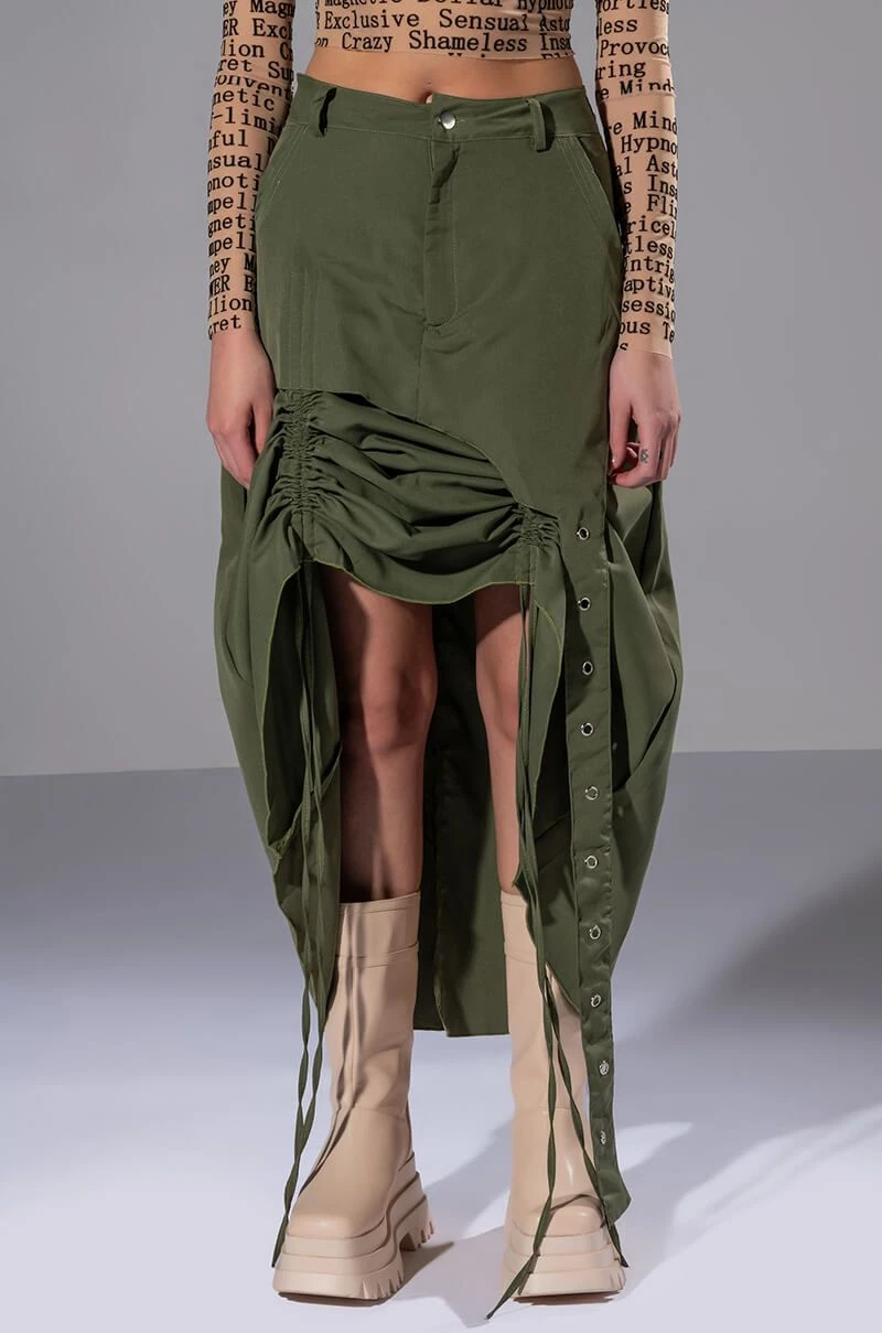 ON THE GO CINCHED OLIVE MIDI SKIRT 3 ON THE GO CINCHED OLIVE MIDI SKIRT