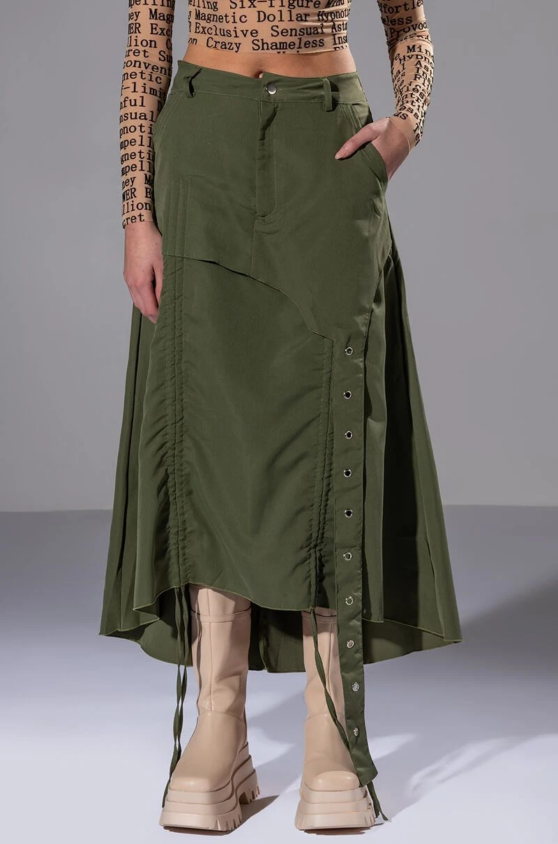 ON THE GO CINCHED OLIVE MIDI SKIRT 4 ON THE GO CINCHED OLIVE MIDI SKIRT - Image 2