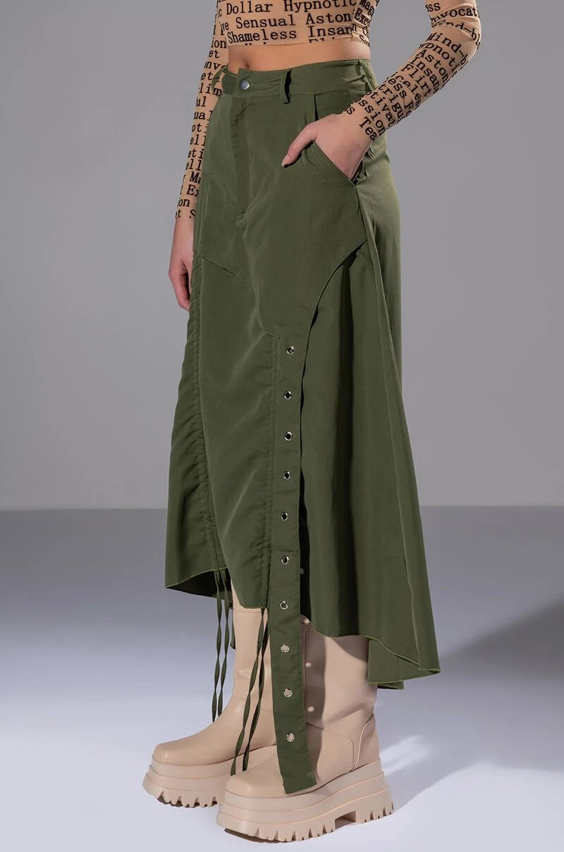 ON THE GO CINCHED OLIVE MIDI SKIRT 5 ON THE GO CINCHED OLIVE MIDI SKIRT - Image 3