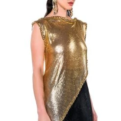 ON THE ROCKS SHORT SLEEVE ASYMMETRICAL CHAINMAIL BLOUSE -helmut shop on the rocks short sleeve asymmetrical chainmail blouse gold 5 5 c1 c1 c1