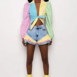 ON YOUR RADAR COLORBLOCK TRIM DENIM SHORT -helmut shop on your radar colorblock trim denim short multi 8 8