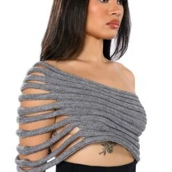ONE SHOULDER RIB KNIT LAYERING TUBE TOP -helmut shop one shoulder rib knit layering tube top gray 4 4