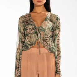 ONE WITH NATURE LONG SLEEVE TIE FRONT CHIFFON BLOUSE -helmut shop one with nature long sleeve tie front chiffon blouse beige multi 3 3