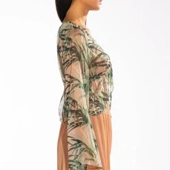 ONE WITH NATURE LONG SLEEVE TIE FRONT CHIFFON BLOUSE -helmut shop one with nature long sleeve tie front chiffon blouse beige multi 4 4