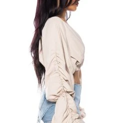 OPHELIA RUCHED LONG SLEEVE BLOUSE -helmut shop ophelia ruched long sleeve blouse beige 5 5