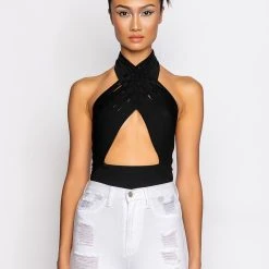 OTW STRAPPY SLEEVELESS HALTER BODYSUIT -helmut shop otw strappy sleeveless halter bodysuit black 8 8