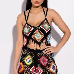 PACK YOUR BAGS RHINESTONE TRIM CROCHET CROP TOP -helmut shop pack your bags rhinestone trim crochet crop top black multi 2 2