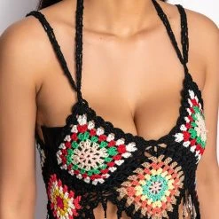 PACK YOUR BAGS RHINESTONE TRIM CROCHET CROP TOP -helmut shop pack your bags rhinestone trim crochet crop top black multi 7 7