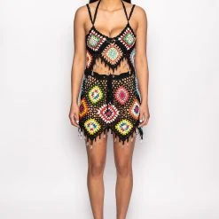 PACK YOUR BAGS RHINESTONE TRIM CROCHET CROP TOP -helmut shop pack your bags rhinestone trim crochet crop top black multi 8 8