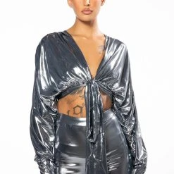 PAPARAZZI SHINE TIE FRONT TOP AND LEGGING SET -helmut shop paparazzi shine tie front top and legging set silver 4 4