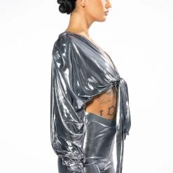 PAPARAZZI SHINE TIE FRONT TOP AND LEGGING SET -helmut shop paparazzi shine tie front top and legging set silver 6 6