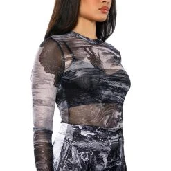 PARADISE LONG SLEEVE ABSTRACT BODY SUIT -helmut shop paradise long sleeve abstract body suit silver multi 2 2