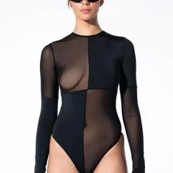 PAXTON CHECKMATE COLORBLOCKED LONG SLEEVE MESH BODYSUIT -helmut shop paxton checkmate colorblocked long sleeve mesh bodysuit black 4 4