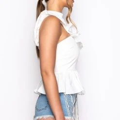 PEARL DETAIL ONE SHOULDER POPLIN PEPLUM BLOUSE -helmut shop pearl detail one shoulder poplin peplum blouse white 4 4