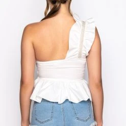 PEARL DETAIL ONE SHOULDER POPLIN PEPLUM BLOUSE -helmut shop pearl detail one shoulder poplin peplum blouse white 6 6