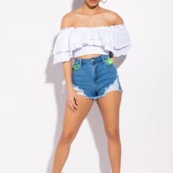 PEEKABOO LEAF PRINT HIGH RISE DISTRESSED JEAN SHORTS -helmut shop peekaboo leaf print high rise distressed jean shorts medium blue denim 4 4