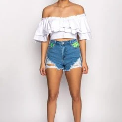 PEEKABOO LEAF PRINT HIGH RISE DISTRESSED JEAN SHORTS -helmut shop peekaboo leaf print high rise distressed jean shorts medium blue denim 9 9