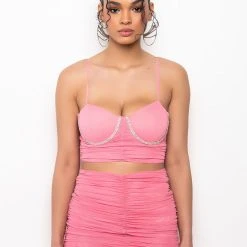 PERSEPHONE CROPPED MESH RHINESTONE TRIM TANK -helmut shop persephone cropped mesh rhinestone trim tank pink 4 4