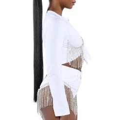 PIPING HOT RHINESTONE TIE FRONT LONG SLEEVE TSHIRT -helmut shop piping hot rhinestone tie front long sleeve tshirt white 4 4