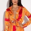 PLACES TO BE TIE FRONT SATIN BODYSUIT -helmut shop places to be tie front satin bodysuit orange multi 1 1