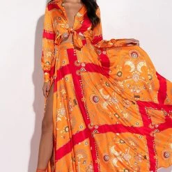 PLACES TO BE TIE FRONT SATIN BODYSUIT -helmut shop places to be tie front satin bodysuit orange multi 2 2