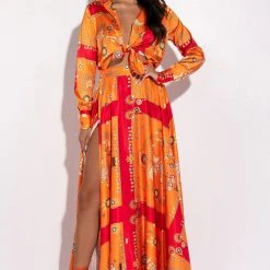 PLACES TO BE TIE FRONT SATIN BODYSUIT -helmut shop places to be tie front satin bodysuit orange multi 3 3