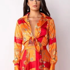PLACES TO BE TIE FRONT SATIN BODYSUIT -helmut shop places to be tie front satin bodysuit orange multi 4 4