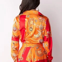 PLACES TO BE TIE FRONT SATIN BODYSUIT -helmut shop places to be tie front satin bodysuit orange multi 6 6