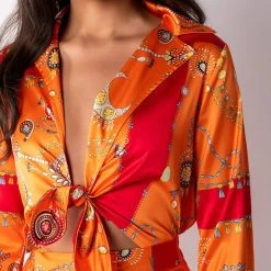 PLACES TO BE TIE FRONT SATIN BODYSUIT -helmut shop places to be tie front satin bodysuit orange multi 7 7