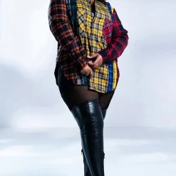 PLAID OBSESSION LONG SLEEVE BLOUSE -helmut shop plaid obsession long sleeve blouse yellow multi 4 4 c1 c1