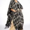 PLAID PU FRINGE PONCHO -helmut shop plaid pu fringe poncho brown multi 1 1