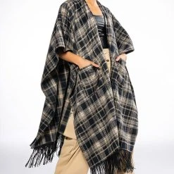 PLAID PU FRINGE PONCHO