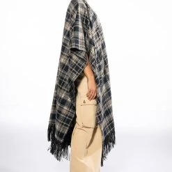PLAID PU FRINGE PONCHO -helmut shop plaid pu fringe poncho brown multi 3 3