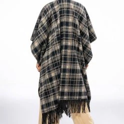 PLAID PU FRINGE PONCHO -helmut shop plaid pu fringe poncho brown multi 4 4