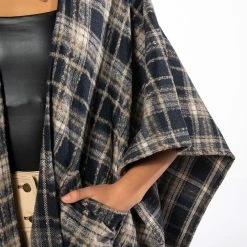 PLAID PU FRINGE PONCHO -helmut shop plaid pu fringe poncho brown multi 5 5