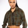 PLAID ROMANCE CHAIN LACE UP CROPPED BLOUSE -helmut shop plaid romance chain lace up cropped blouse green multi 1 1
