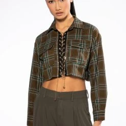 PLAID ROMANCE CHAIN LACE UP CROPPED BLOUSE -helmut shop plaid romance chain lace up cropped blouse green multi 3 3